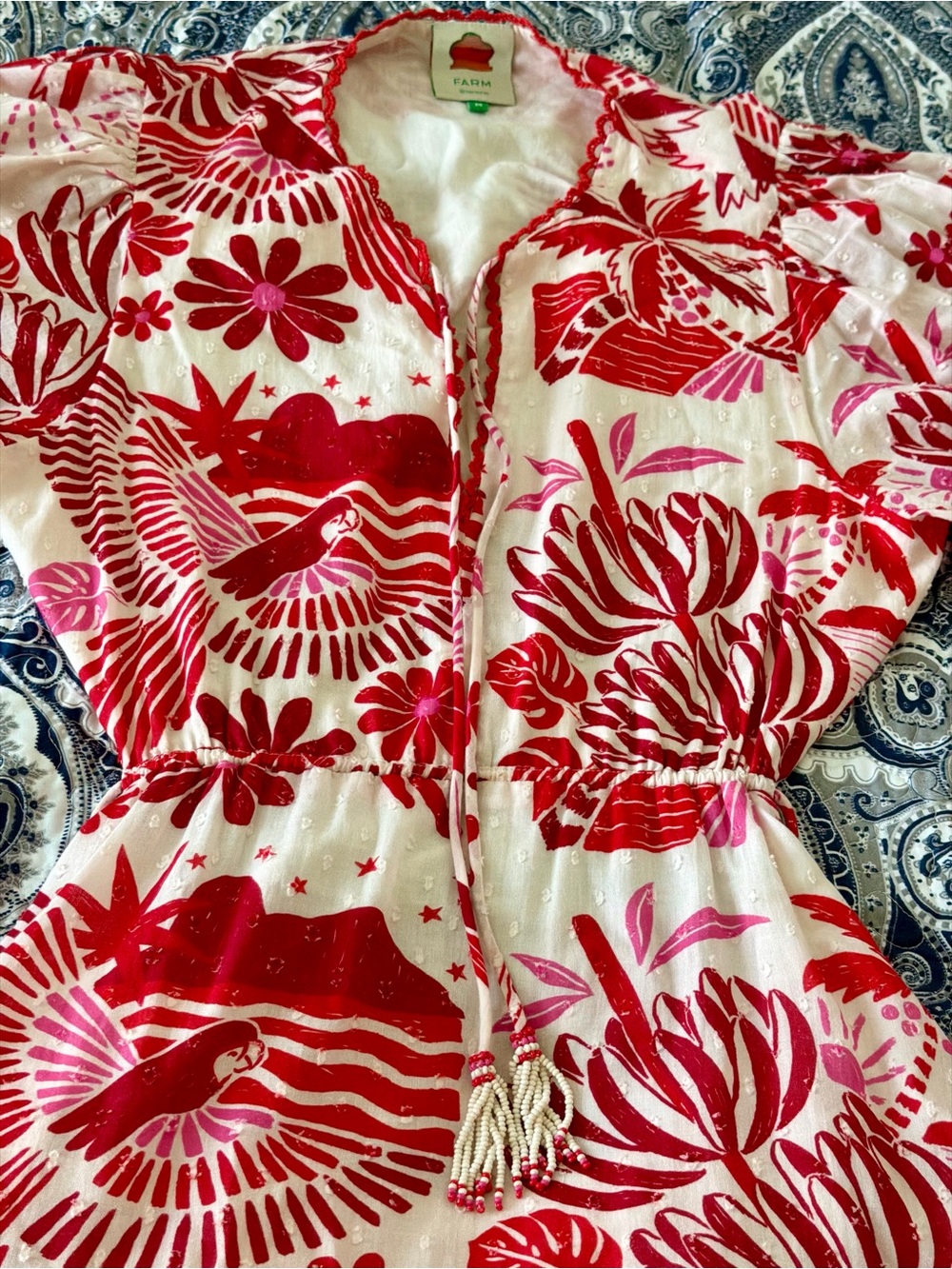 FARM Rio Red Pink Tropical Open Back Puff Sleeve Mini Dress M - Picture 7 of 12